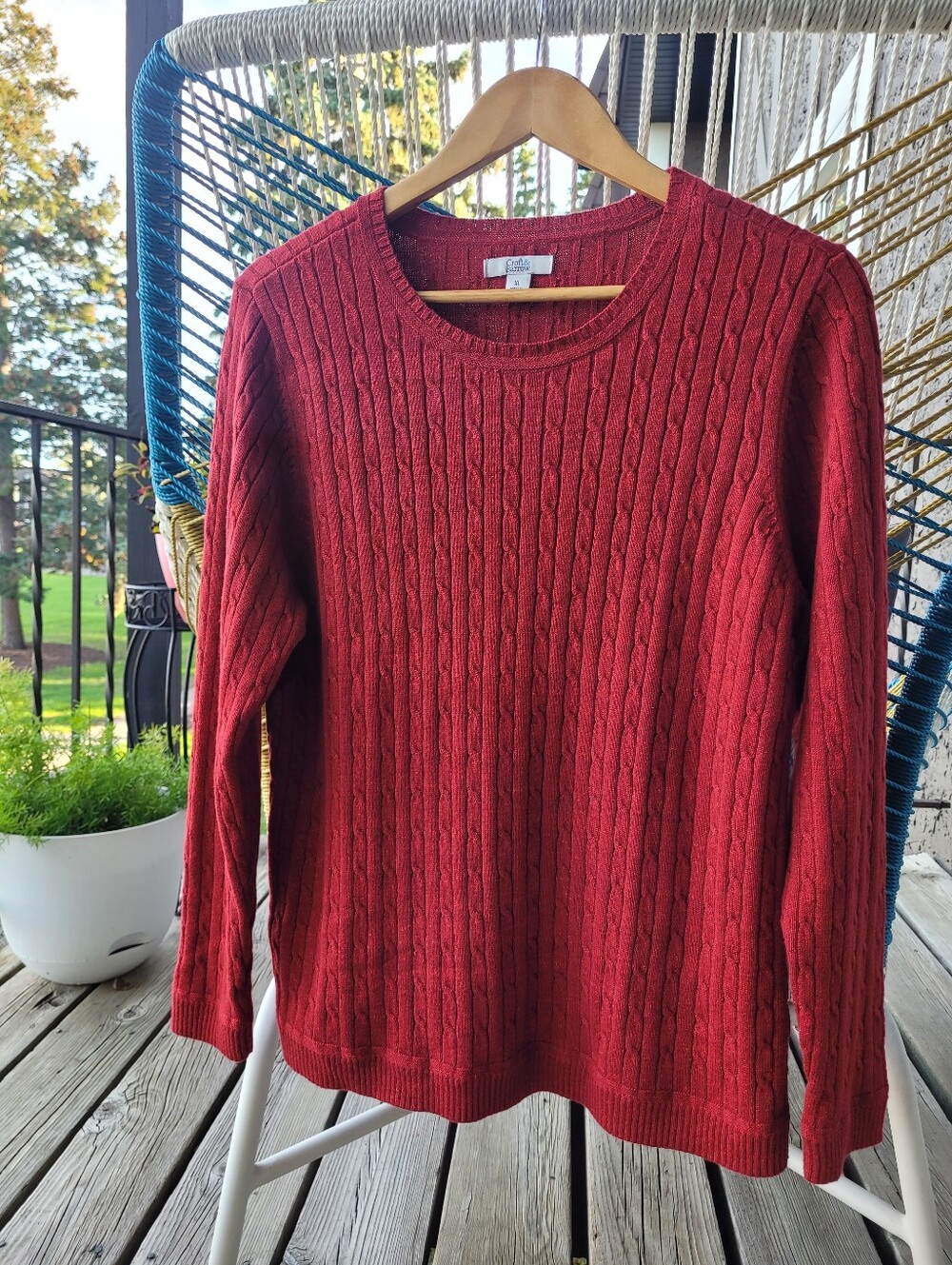 Metallic Cherry Red Lightweight Cable Knit Sweater, Women's XL